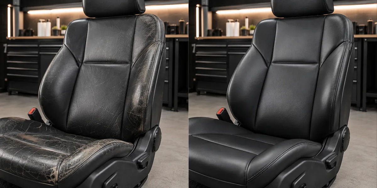 Before and after black leather car seat repair