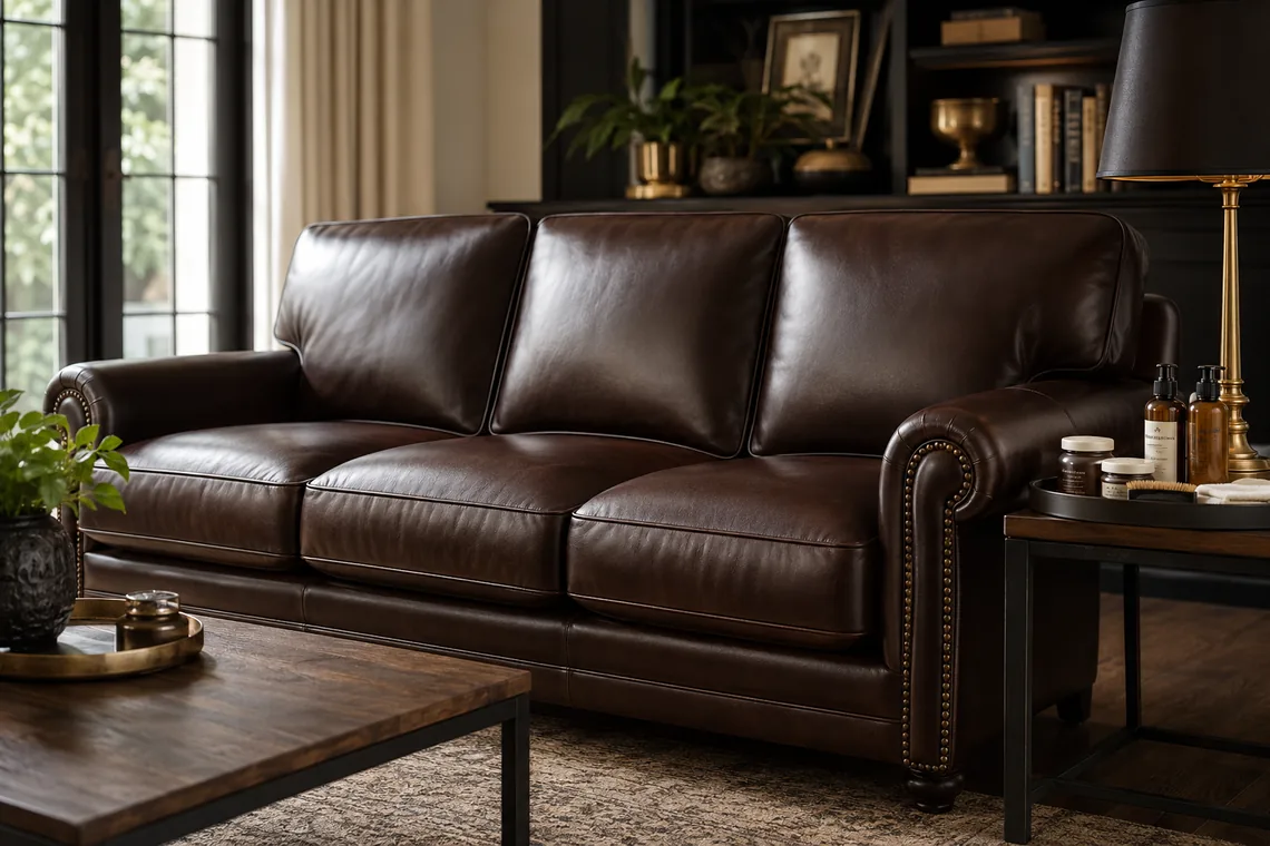 Restored brown leather sofa
