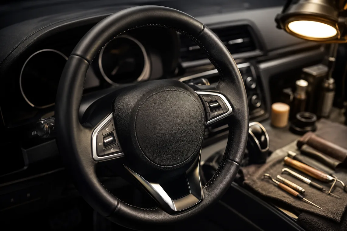 Restored leather steering wheel
